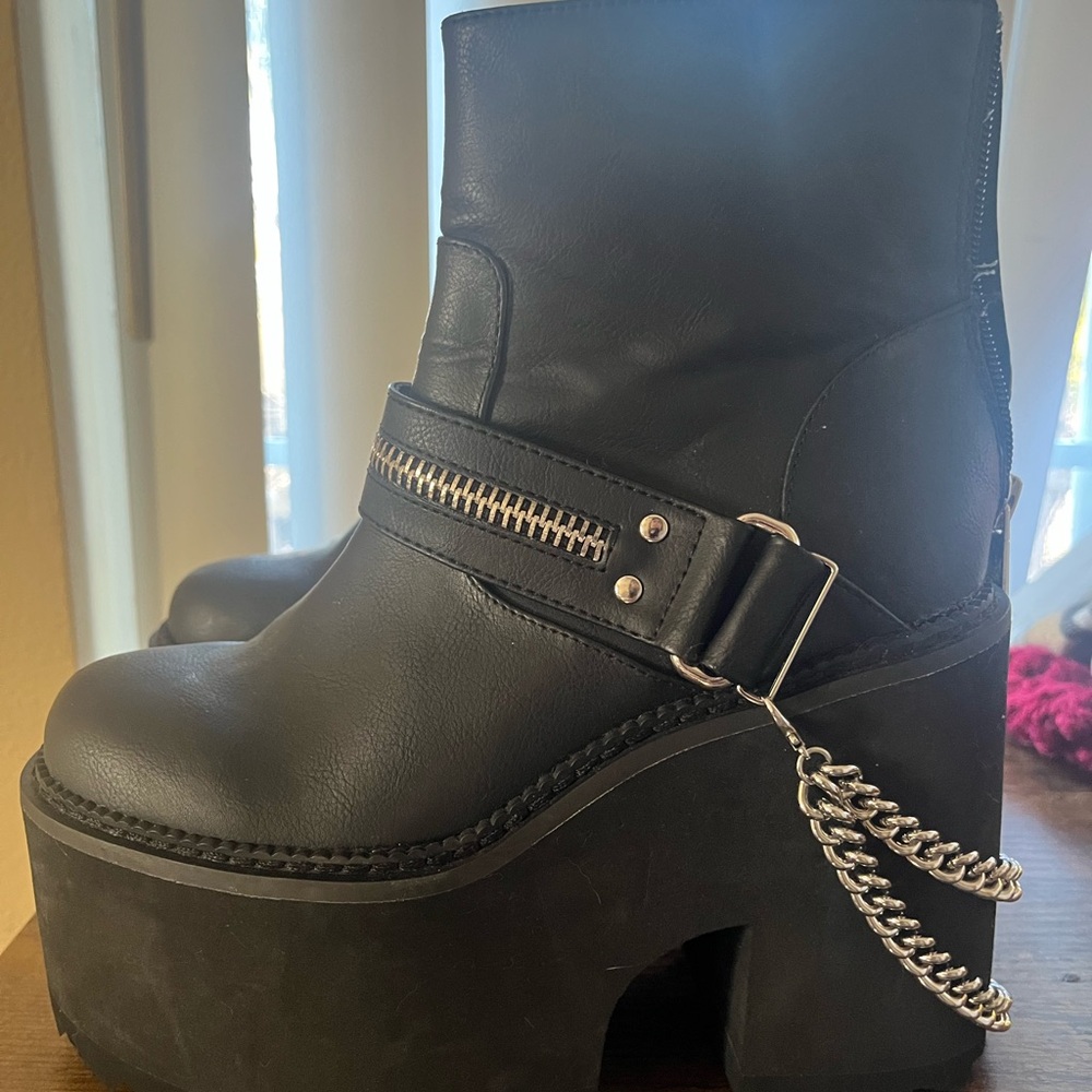 Killstar Mosh Moto Punk Rock Black Platform Ankle Boots with Chain Detail